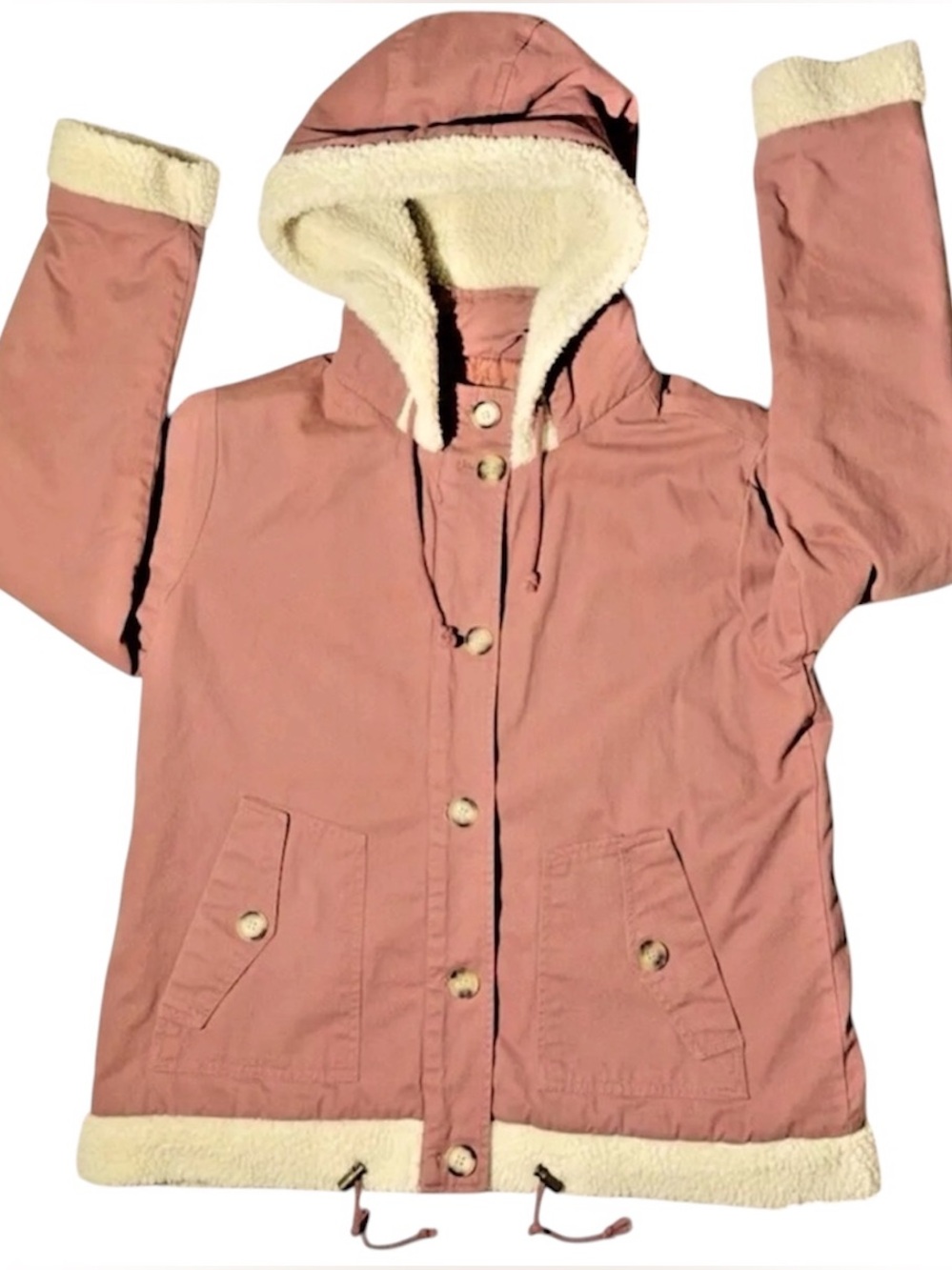 Arizona Jeans Coat Women’s Size L Sherpa Accent Trim Button-Up Rose Pink